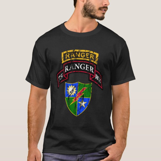 75Th Army Ranger Shirt Scroll Tab Dui Distressed (Front)