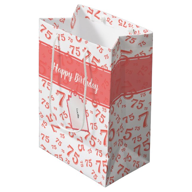 75th Biirthday Random Number Pattern Coral/White Medium Gift Bag (Front Angled)