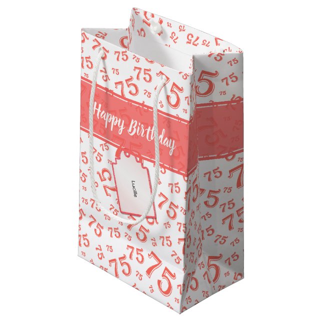 75th Biirthday Random Number Pattern Coral/White Small Gift Bag (Front Angled)