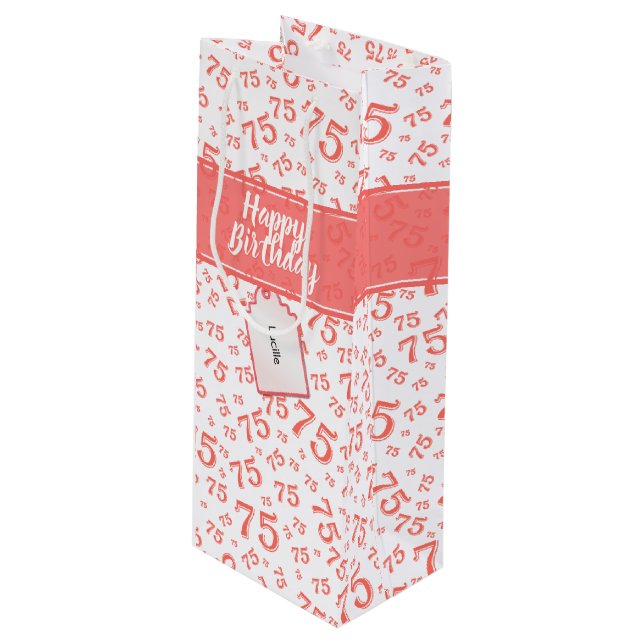 75th Biirthday Random Number Pattern Coral/White Wine Gift Bag (Front Angled)