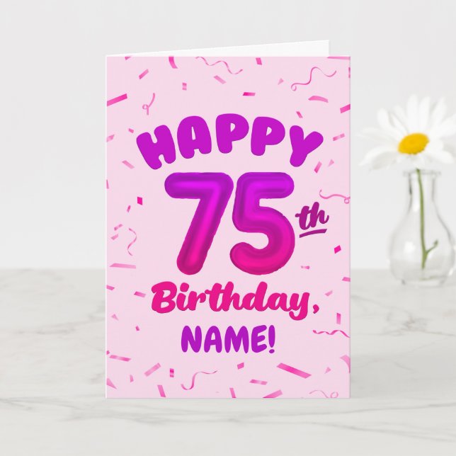 75th Birthday, Balloon Number, Customisable Name Card (Small Plant)
