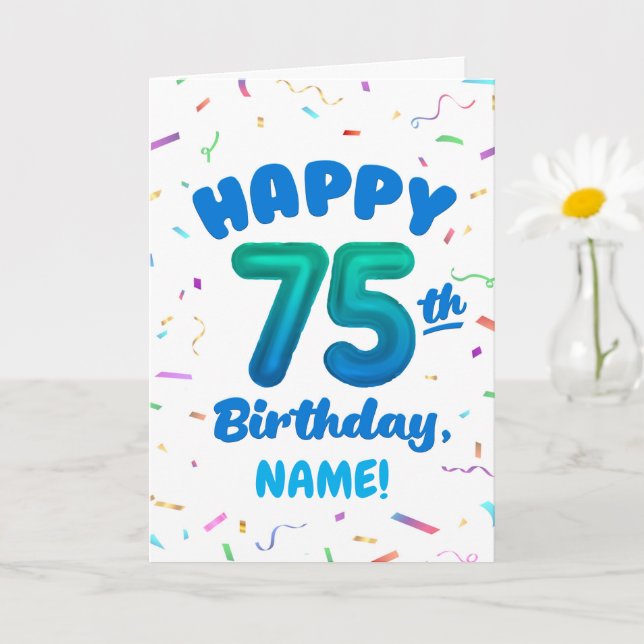 75th Birthday, Balloon Number, Customizable Name Card (Small Plant)