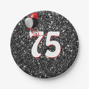 75th Birthday Balloons on Black Glitter Paper Plate