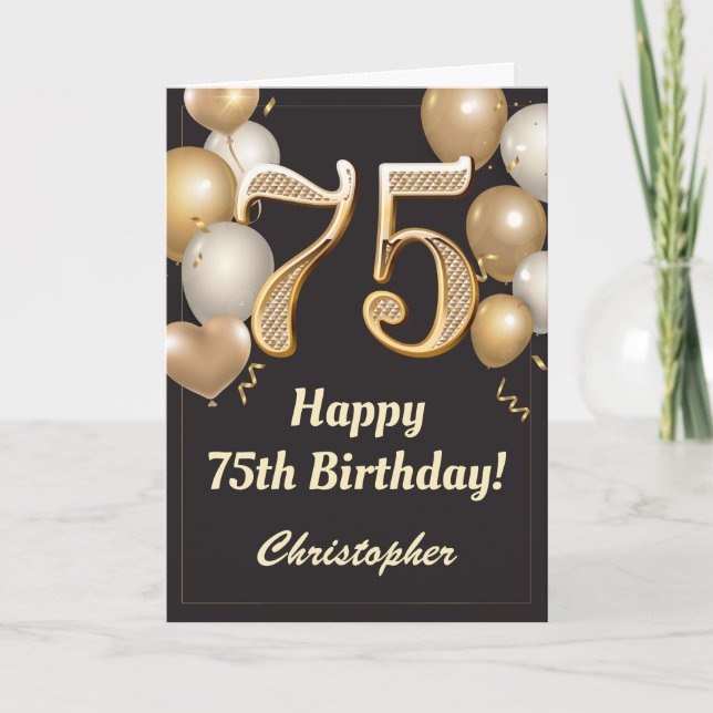 75th Birthday Black and Gold Balloons Confetti Card (Front)