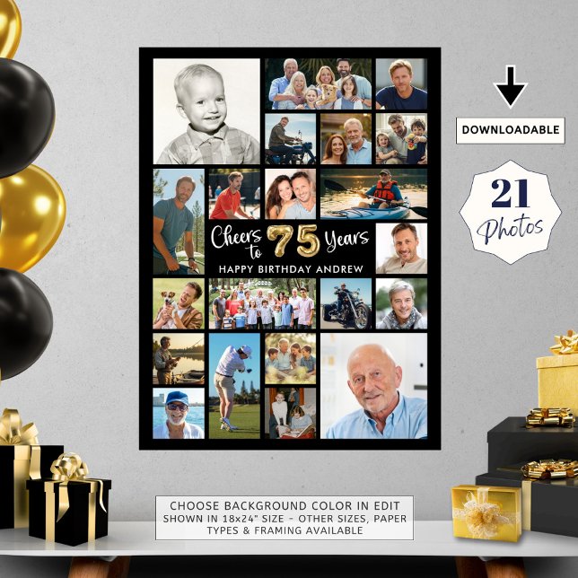 75th Birthday Black Gold 21 Photo Cheers to Years Poster (Creator Uploaded)
