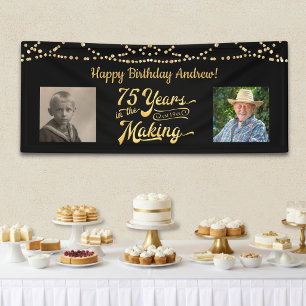 75th Birthday Black Gold String Lights Retro Photo Banner