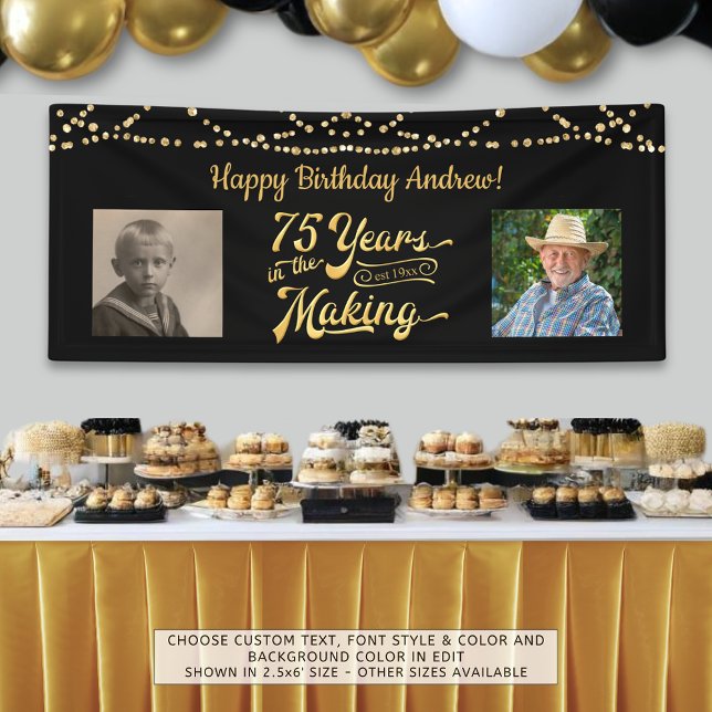 75th Birthday Black Gold String Lights Retro Photo Banner (Creator Uploaded)