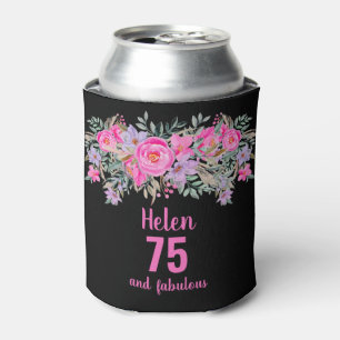 75th birthday black pink floral can cooler