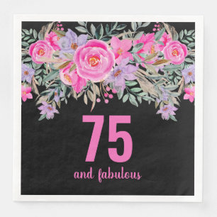 75th birthday black pink floral  napkin