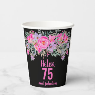 75th birthday black pink floral paper cups