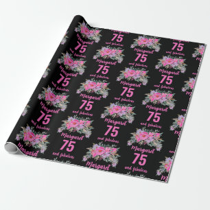75th birthday black pink floral wrapping paper