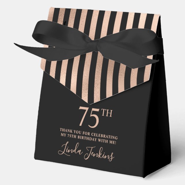 75th Birthday Black Rose Gold Striped Thank You  Favour Box (Front)