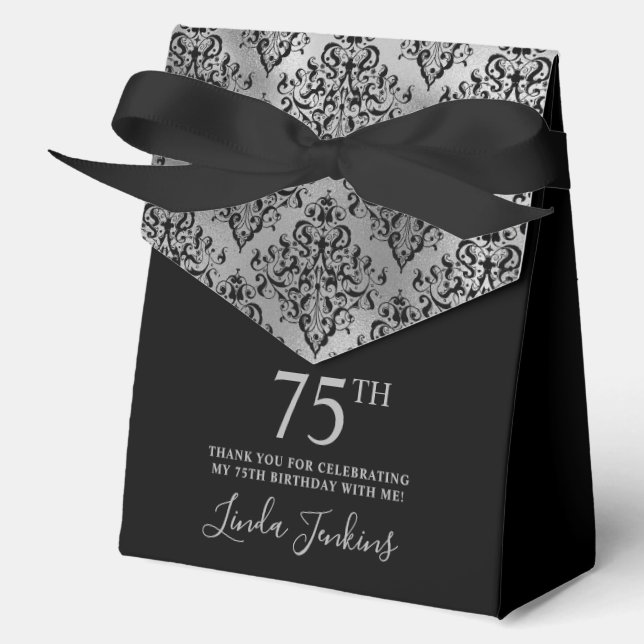 75th Birthday Black Silver Damask Thank You  Favour Box (Front)