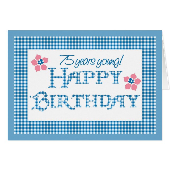 75th Birthday, Blue Check Gingham Pattern (Front Horizontal)