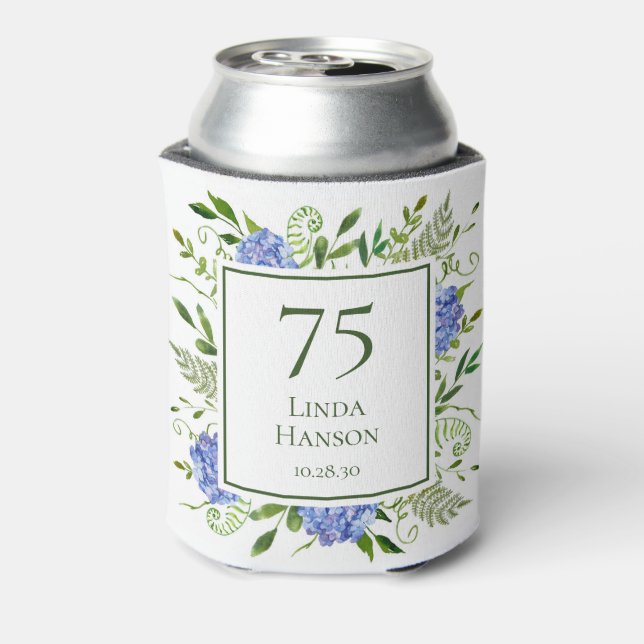 75th Birthday Blue Hydrangeas Can Cooler (Can Back)