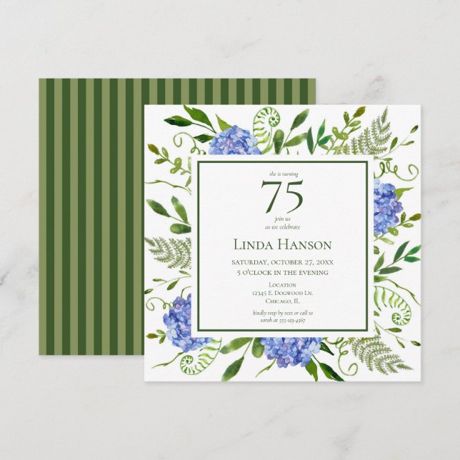 75th Birthday Blue Hydrangeas Invitation (Front/Back)