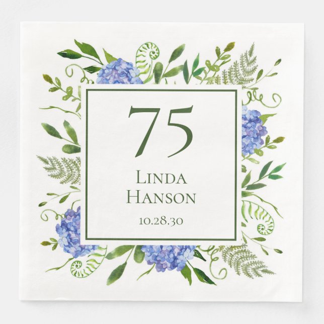75th Birthday Blue Hydrangeas Napkin (Front)