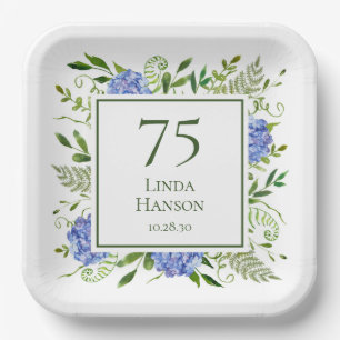 75th Birthday Blue Hydrangeas Paper Plate