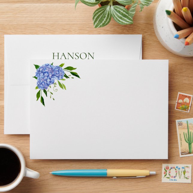 75th Birthday Blue Hydrangeas Return Address Envelope (Desk)