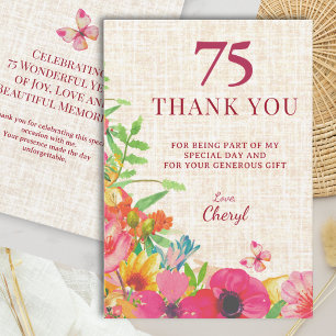 75th Birthday Bold Floral Linen Appreciation Thank You Card