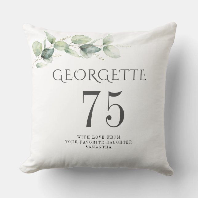 75th Birthday Botanical Eucalyptus Grandma Cushion (Front)