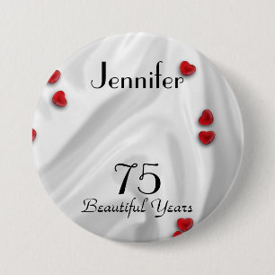 75th Birthday Button / Pin, Small Red Hearts