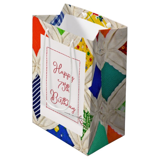75th Birthday Cathedral Window Quilt Medium Gift Bag (Front Angled)