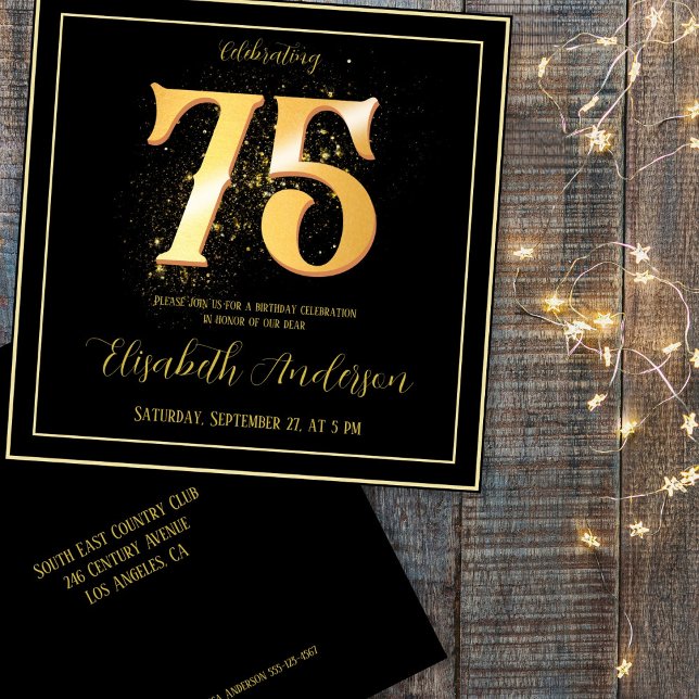 75th Birthday Celebrating Gold Black Invitation (Creator Uploaded)