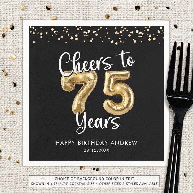 75th Birthday Cheers to 75 Years Black Gold Napkin (Creator Uploaded)