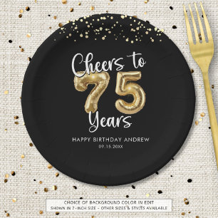 75th Birthday Cheers to 75 Years Black Gold Paper Plate