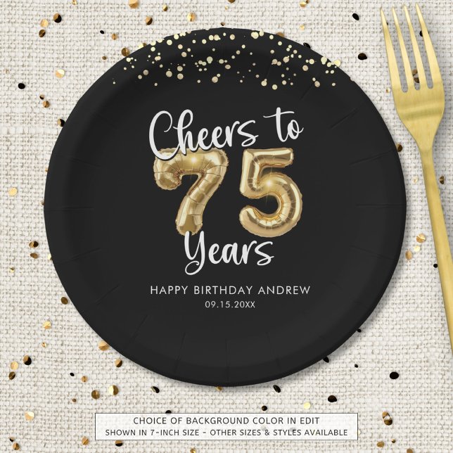 75th Birthday Cheers to 75 Years Black Gold Paper Plate (Creator Uploaded)