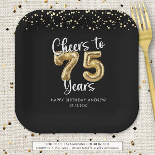 75th Birthday Cheers to 75 Years Black Gold Paper Plate