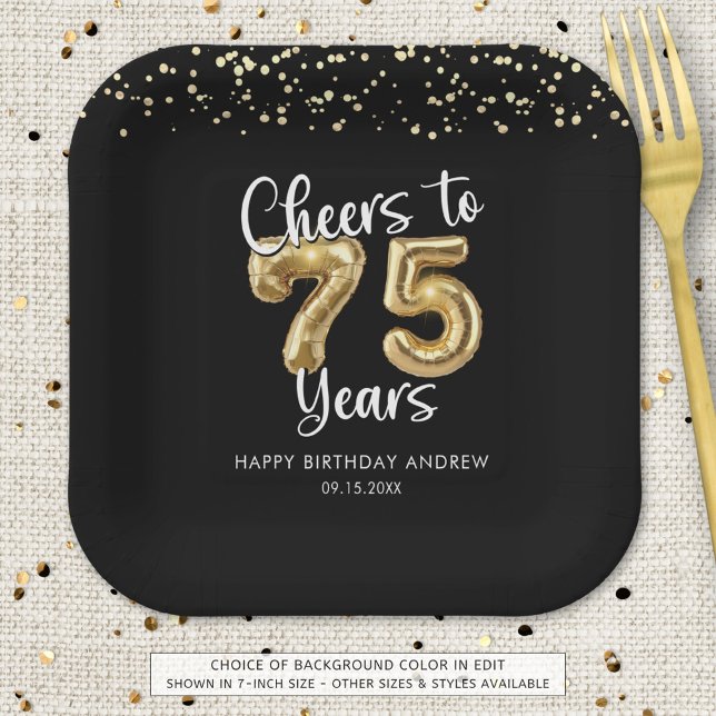 75th Birthday Cheers to 75 Years Black Gold Paper Plate (Creator Uploaded)