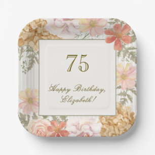 75th Birthday Coaster Autumn Colour Floral Stripe Paper Plate