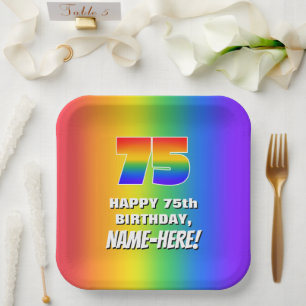 75th Birthday: Colourful, Fun Rainbow Pattern # 75 Paper Plate