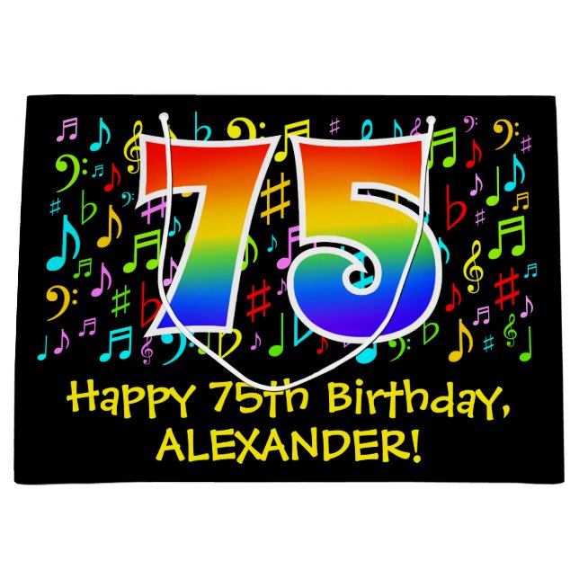75th Birthday - Colourful Music Symbols, Rainbow 7 Large Gift Bag (Front)