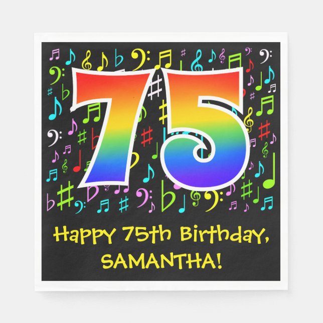 75th Birthday - Colourful Music Symbols, Rainbow 7 Napkin (Front)