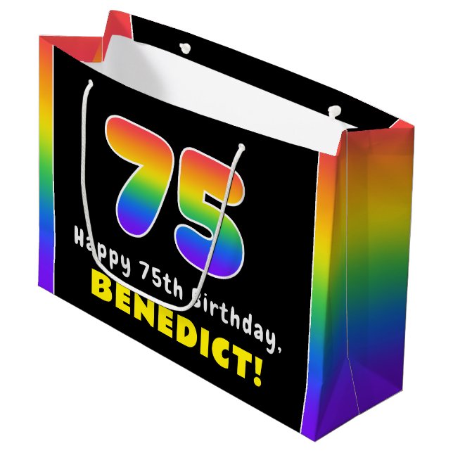 75th Birthday: Colourful Rainbow # 75, Custom Name Large Gift Bag (Front Angled)