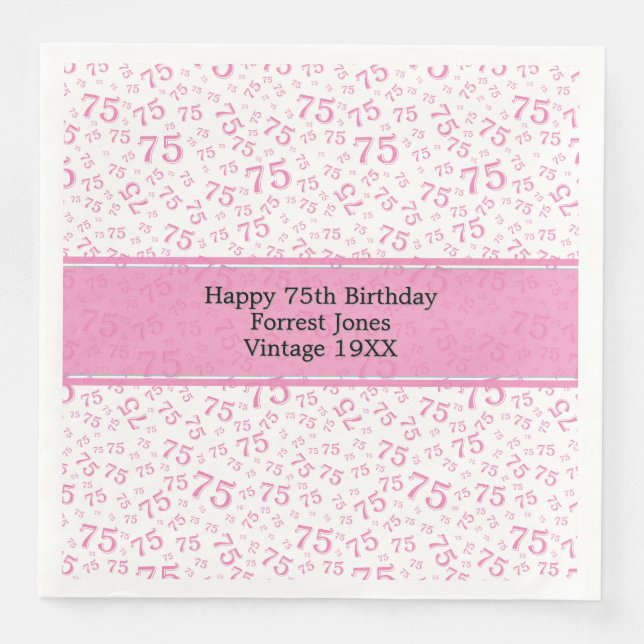 75th Birthday Cool Number Pattern Pink/White Napkin (Front)