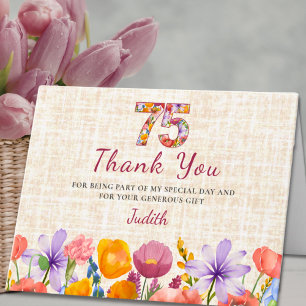 75th Birthday - Elegant Floral Number 75 Years Thank You Card