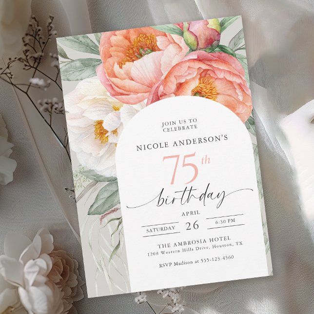 75th Birthday Elegant Floral Watercolor Peonies Invitation (Available in both printed and instant download digital formats.)