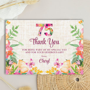 75th Birthday Elegant Linen Floral Appreciation Thank You Card
