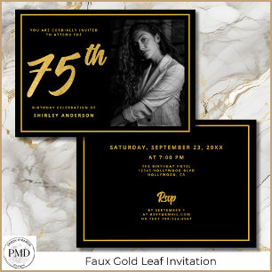 75th Birthday Elegant Photo Black Faux Gold Leaf Invitation