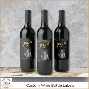 75th Birthday Elegant Photo Black Gold Wine Label