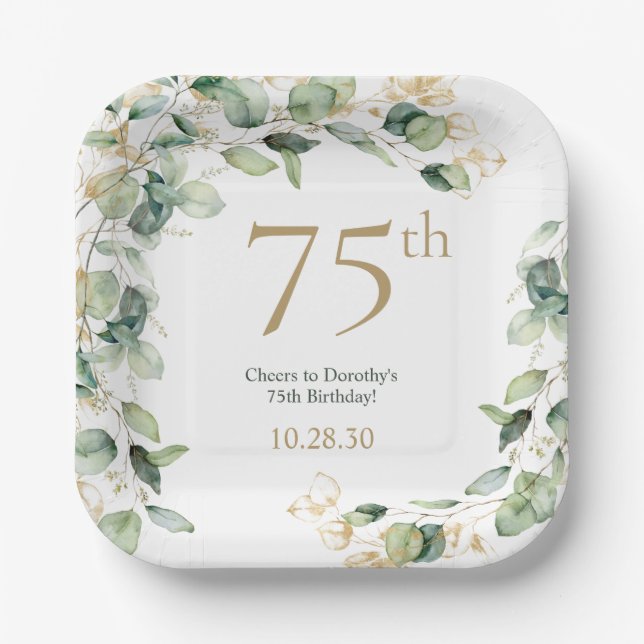 75th Birthday Eucalyptus Paper Plate (Front)