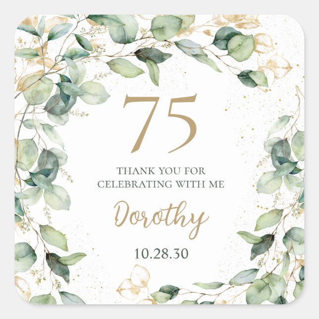 75th Birthday Eucalyptus Thank You Square Sticker (Front)