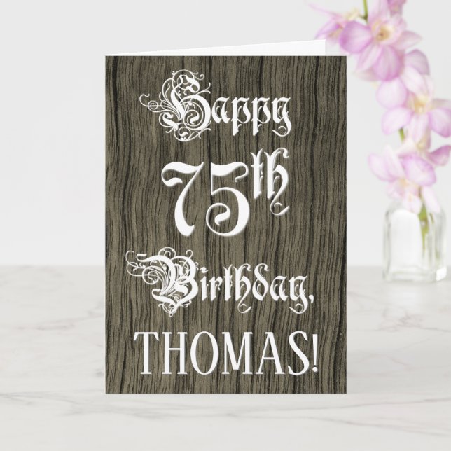 75th Birthday: Fancy, Elegant Text; Faux Wood Look Card (Orchid)