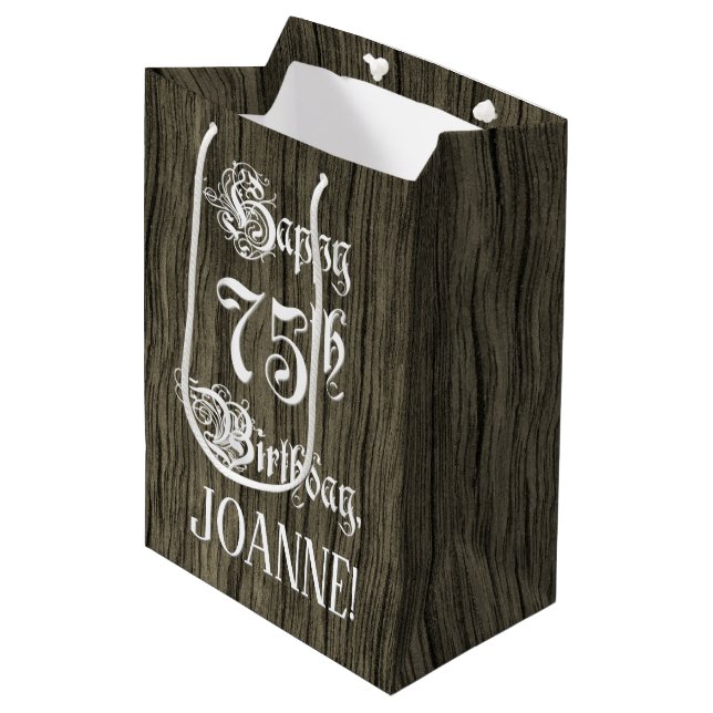 75th Birthday: Fancy, Faux Wood Look + Custom Name Medium Gift Bag (Front Angled)