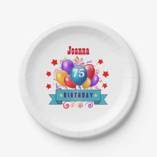 75th Birthday Festive Colourful Balloons C01GZ Paper Plate