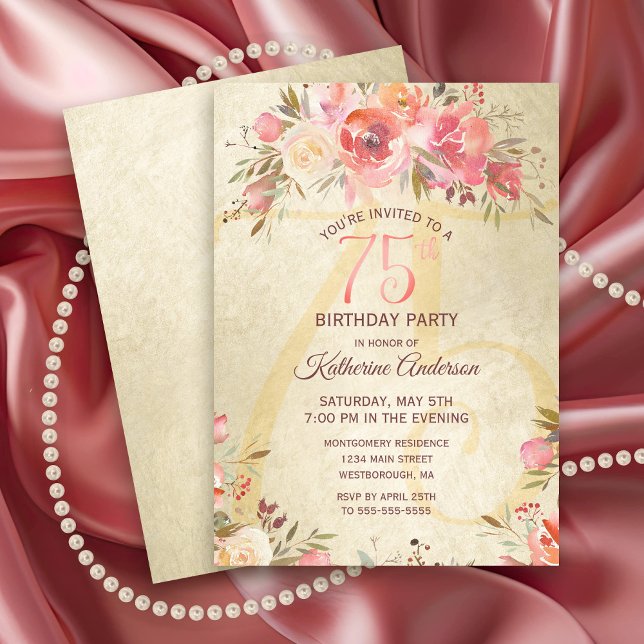 75th Birthday Floral Pink Roses Gold Shimmer Party Invitation (Vintage Pink Rose Gold Shimmer 75th Birthday Party Invitation)